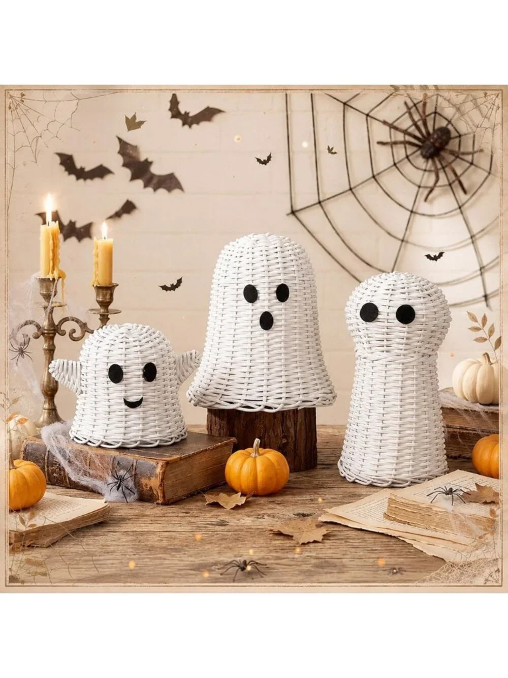3 Pcs Halloween Wicker Ghost Decor - White Rattan Figurines for Spooky Home